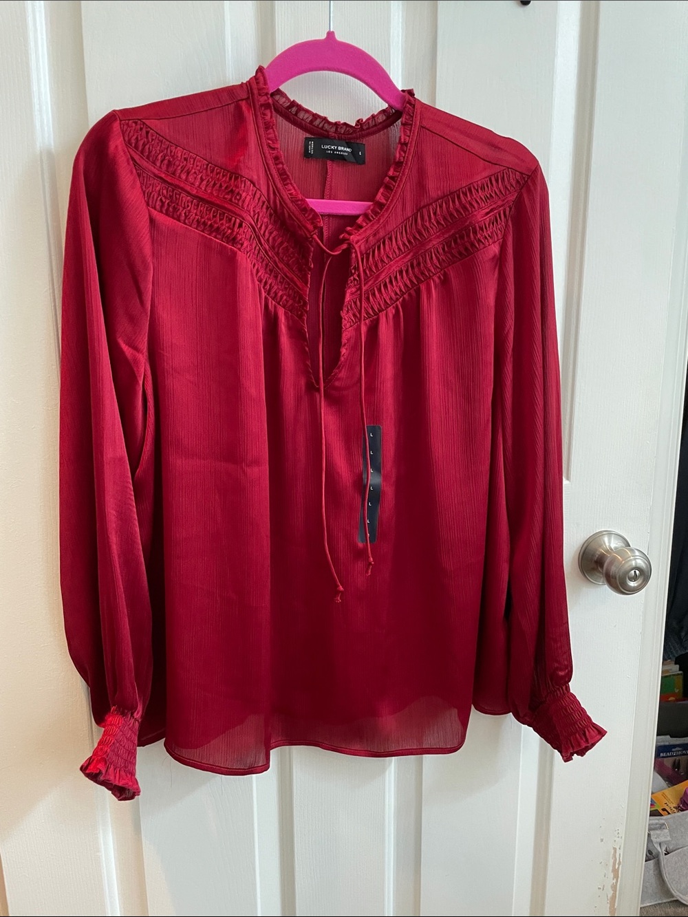 Lucky Brand Long-Sleeve Silky Tie Neck Blouse in Deep Red. Size L